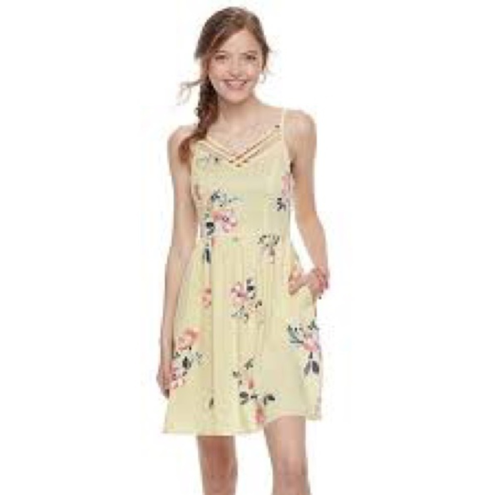 SO Womens Juniors Size Small Sundress Cross Neck Yellow Pink Floral Smocked Back